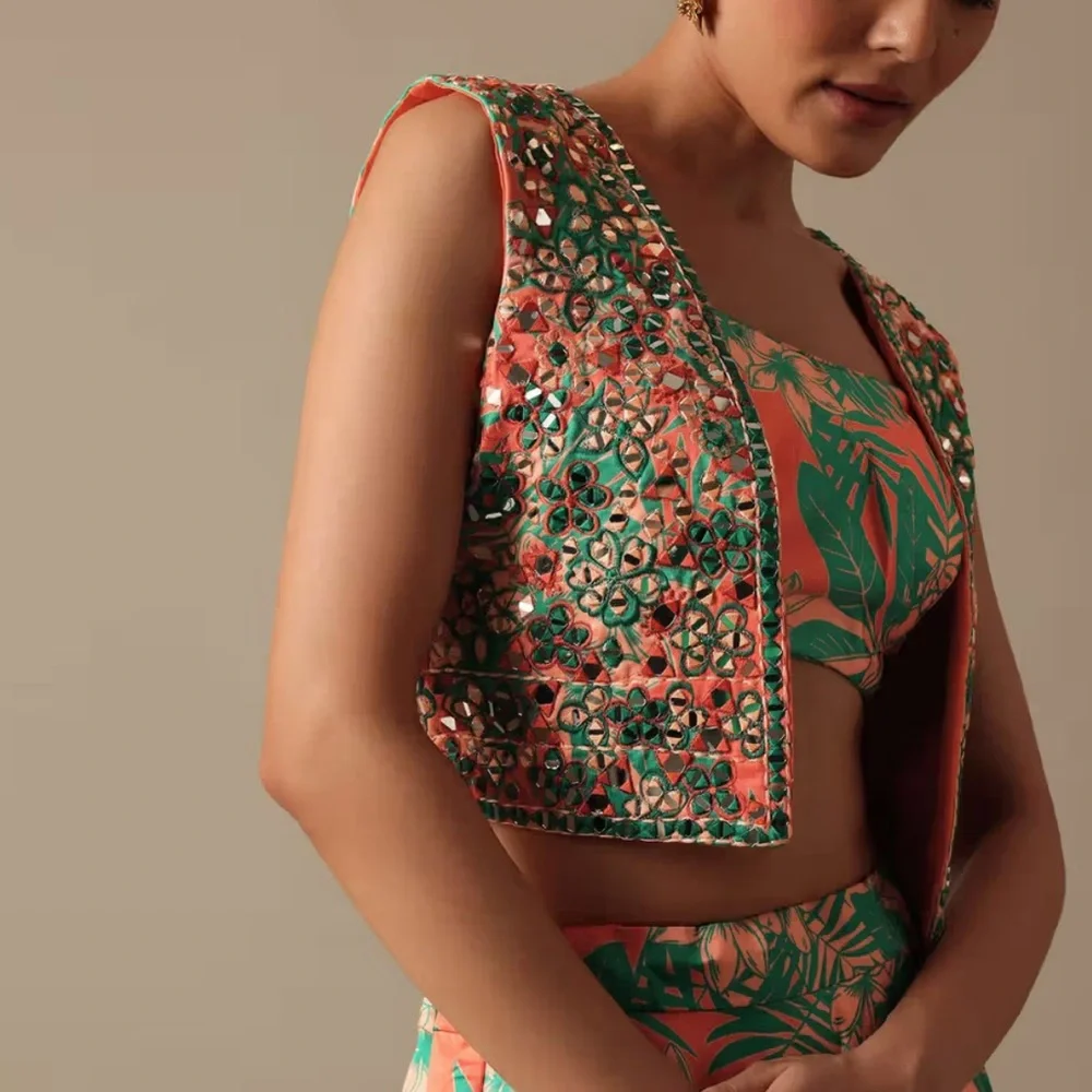 Kalki Orange and Green Embellished Lehenga Set - Picture 6 of 13